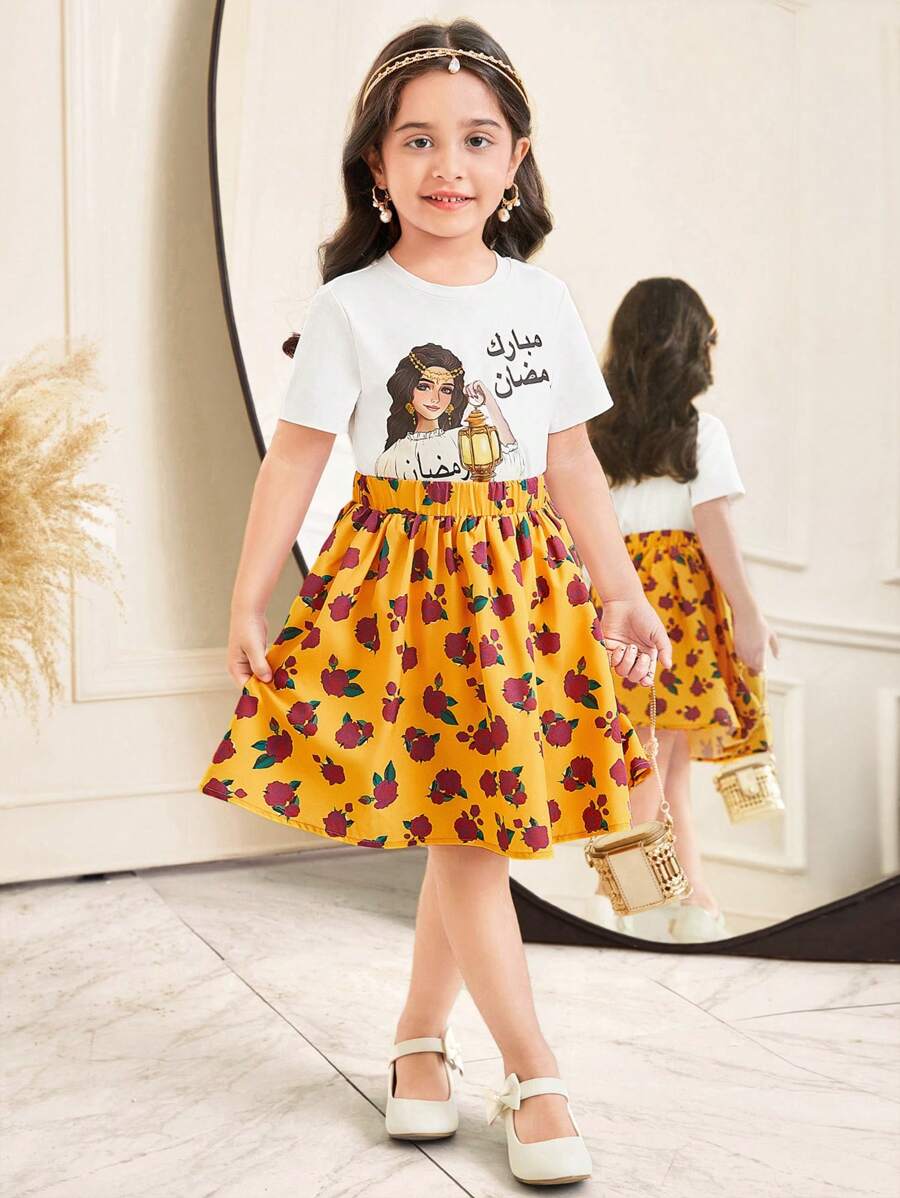 SHEIN Lässiges Zweiteiler Set für Kleine Mädchen - T-Shirt mit rundem Ausschnitt und Cartoon Mädchen Motiv, Kurzarm + Rock mit Rüschensaum und Rosen Blumen Muster, Frühling/Sommer - Gelb - Übersicht 1
