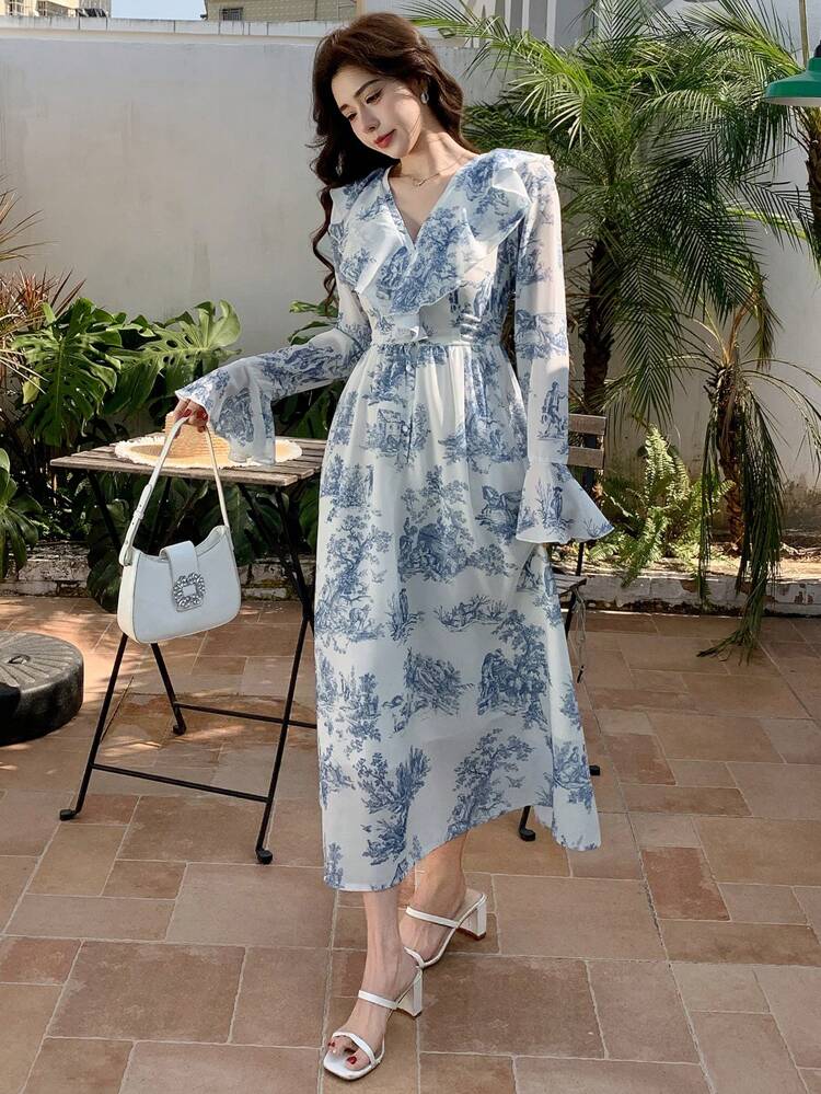 knee length dresses for ladies PRETTYGARDEN Women's Summer Floral Midi Dress Cap Sleeve V Neck Ruffle
