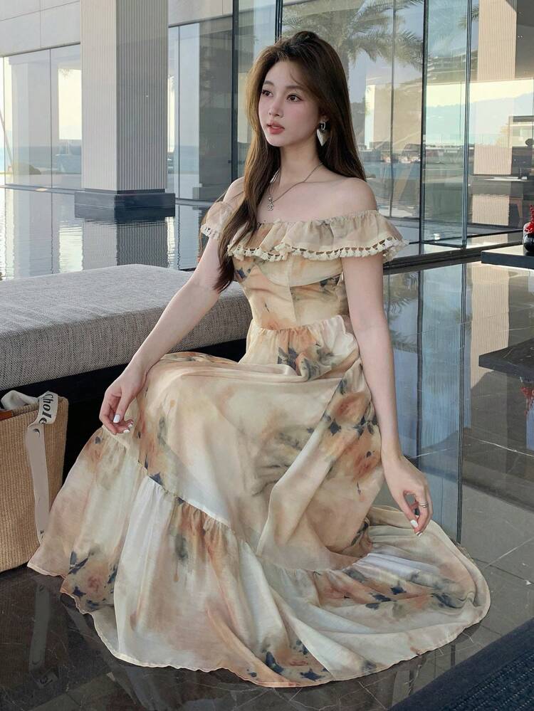 Women Floral V-Neck Off Shoulder Maxi Beach Dress, Holiday Vacation Style, Spring/Summer Sundress Boho