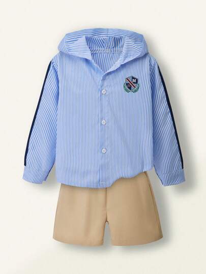 SHEIN Set de 2 piezas Camisa con capucha de rayas azul y blanco informal para la escuela + Pantalones cortos caqui a juego, adecuado para la escuela en primavera/verano, tiempo de juego y uso diario