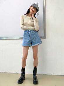 DAZY 半开襟拼接细节长袖女式T恤 - 卡其色 - 查看 6