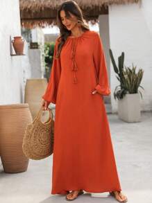 EMERY ROSE Đầm thường ngày dài tay buộc nơ phía trước màu trơn cho nữ - Rỉ Nâu - Xem 4