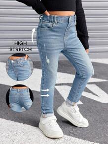 SHEIN SLAYR KIDS Young Girls' Vintage Blue Ripped Jeans, Cool Thanksgiving, Fall And Winter - Medium Wash - View 7