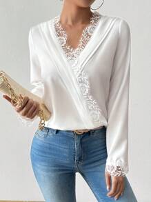 Chiquease Blusa elegante de mujer de unicolor, cuello en V, manga larga con volantes en el borde - Blanco - Ver 6