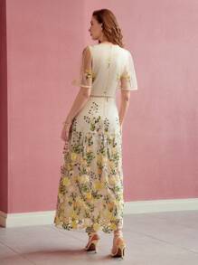 MOTF PREMIUM 对比色网布花卉刺绣连衣裙