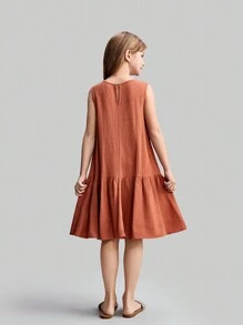 Ontre 青少年女孩宽松休闲短款纯色荷叶边下摆连衣裙 - 鏽棕色 - 查看 2