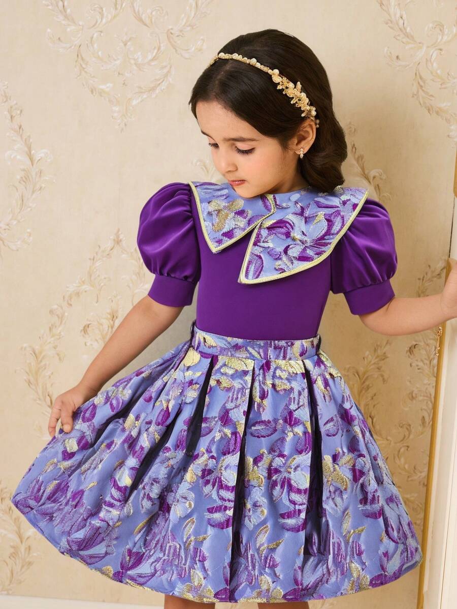 SHEIN 2pcs Set: Floral Jacquard Crew Neck Puffy Sleeve Top & Midi Skirt, Elegant - Multicolor - View 1