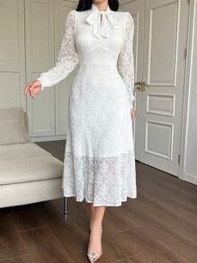 DAZY Women Elegant Solid Color Lace Ribbon Collar Puff Sleeve Mid-Length Dress Prom Dress