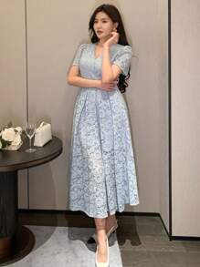 女士 V 领蕾丝中长连衣裙，适合约会和场合太阳裙 - 藍色 - 查看 3