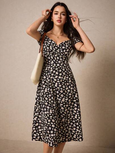 Poéselle Allover Floral Print Sweetheart Neck Puff Sleeve Dress