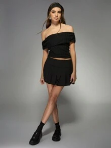 MISSGUIDED 露肩褶皱短款上衣弹力时尚俱乐部派对晚装 Y2K 风格复古短袖夏季派对时尚紧身胸衣式修身上衣 - 黑色 - 查看 3