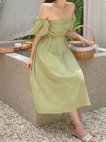 DAZY Women's Long Off Shoulder Solid Color Casual Dress, Simple & Fashionable For Everyday Wear Sundress