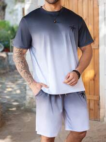 ResortEase Plus Size Men Gradient Palm Tree Print Short Sleeve T-Shirt And Shorts Set