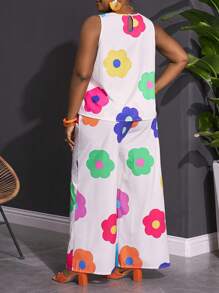 Slaydiva 优雅度假圆领无袖宽松下摆短款上衣直筒裤趣味大花卉印花女式加大两件套 - 白色 - 查看 2