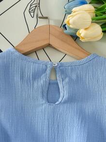 SHEIN Genkimix Kids 2 chiếc áo sơ mi trơn tay ngắn màu trơn thường ngày cho bé gái kết hợp với quần ống rộng cạp chun, bộ mùa hè - Màu xanh lam - Xem 8