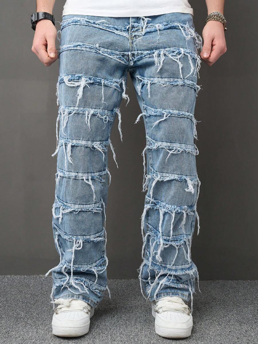 Manfinity EMRG 宽松男式纯色毛边牛仔裤 - 藍色 - 查看 1