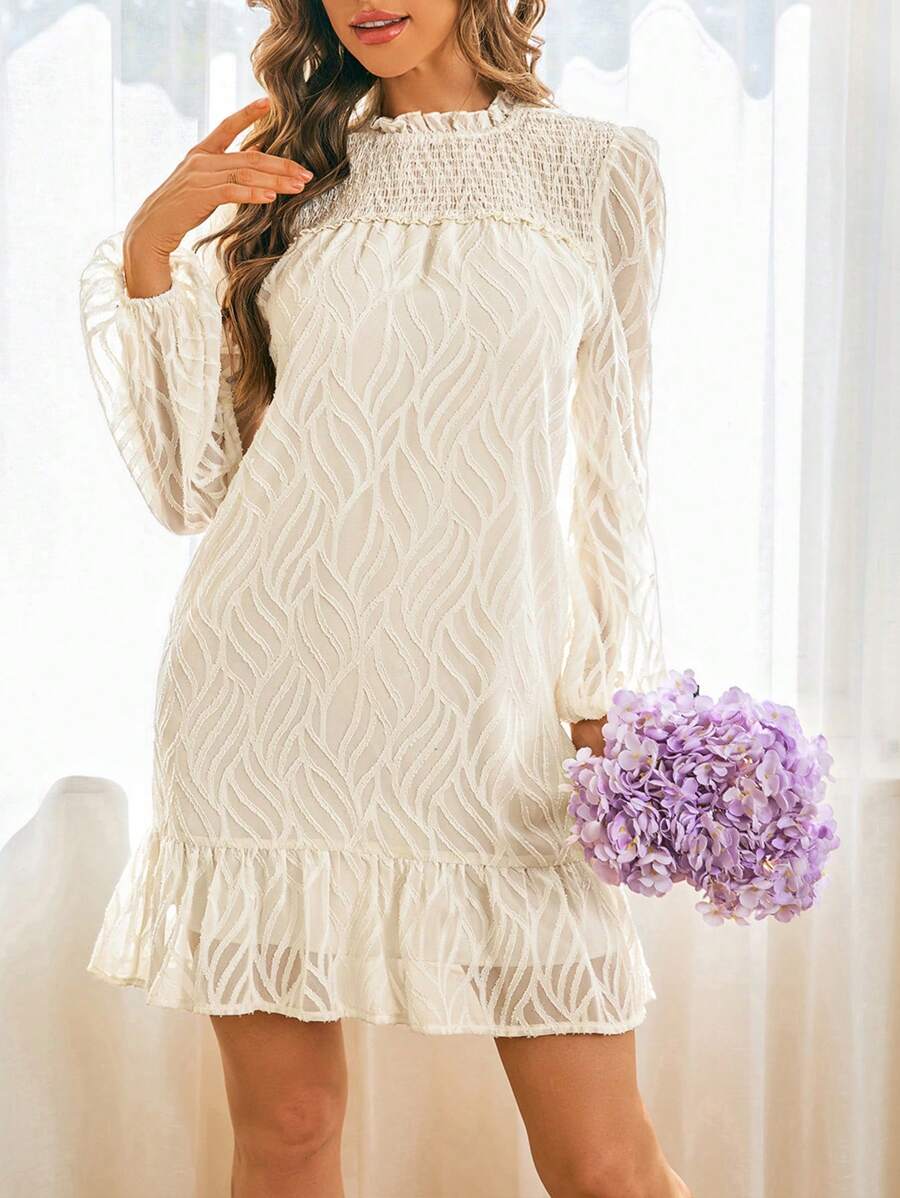 SHEIN VCAY 荷叶边圆领荷叶边下摆 A 字形休闲纹理度假连衣裙，秋冬