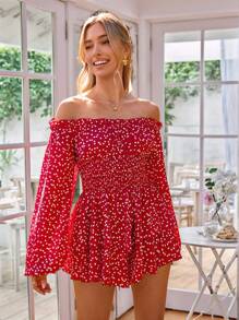 SHEIN VCAY 情人节派对氛围连衣裙，夏季度假约会装，荷叶边露肩灯笼长袖爱心印花女士连体裤，沙滩派对女士连体裤，音乐节街头派对女士连体裤 - 紅白色 - 查看 1