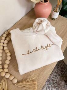 INAWLY Embroidered "Be The Light" Sweatshirt, Christian Crew Neck, Christian Sportswear, Faith Sportswear, Embroidered Crew Neck Letter Slogan Long Sleeve Fleece Sweatshirt For Women,Graduation,Teacher,Back To School Pullover Fall - Apricot - View 3