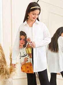 SHEIN Tween 女童斋月灯笼印花休闲时尚长袖衬衫上衣 - 白色 - 查看 3
