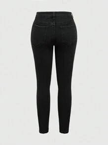 ROMWE Women's Fairycore Snake & Vine Embroidered Distressed Black Denim Jeans - Black - View 2