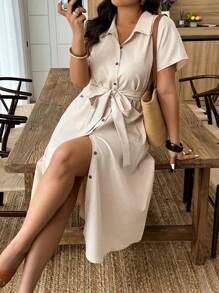 Linhara Plus Size Casual & Holiday Style Front Button Short Sleeve Pocket Simple Dress - Apricot - View 3
