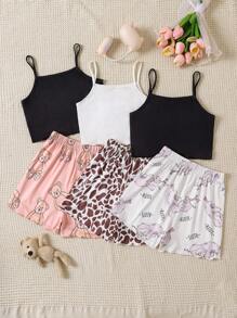 3pcs/Set Tween Girls Stylish Cartoon Animal Print Camisole And Shorts Pajama Set - Multicolor - View 2