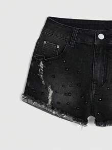 Grunge Punk Y2K风格做旧水洗低腰超短牛仔短裤，女款，夏季，街头风 - 黑色 - 查看 4