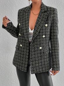 SHEIN Privé Plaid Print Double Breasted Blazer Workwear  - Black - View 1