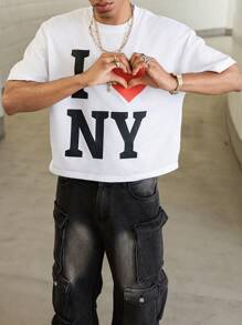 PAVTROS 男士字母与心形印花圆领短袖休闲 T 恤 - 白色 - 查看 5