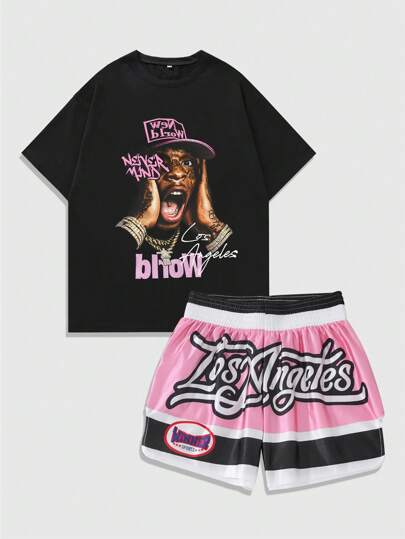 Street Life Conjunto de 2 piezas: Camiseta con estampado gráfico tipo jersey de baloncesto estilo urbano hip hop y pantalones cortos de boxeo para hombres