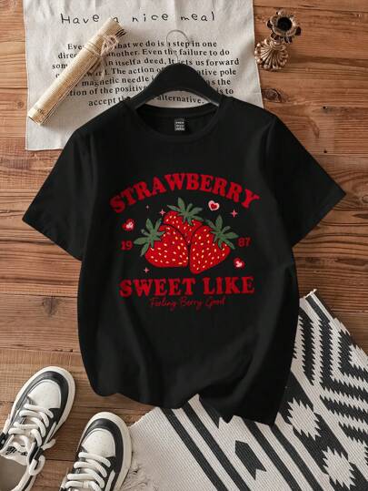 SHEIN EZwear 女士休闲宽松草莓印花圆领短袖T恤，适合夏季