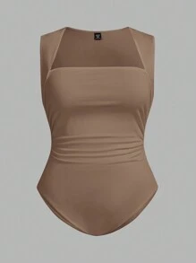 SHEIN Essnce 大码女式夏季和秋季休闲日常性感紧身卡其色背心连体衣，夏季女装，曲线加大码，早午餐装，性感上衣，外出上衣 - 卡其色 - 查看 1
