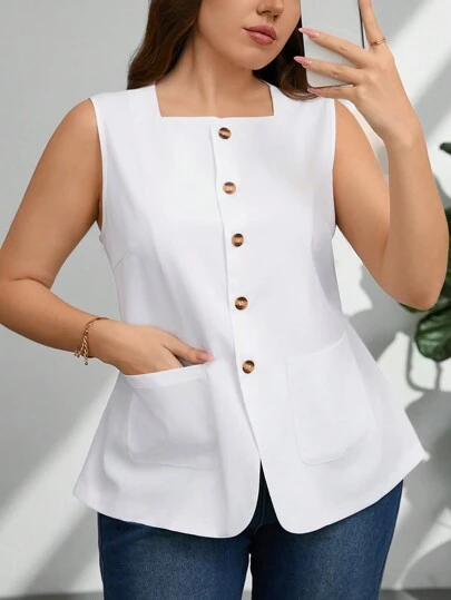 Firerie Blazer informal sin mangas de unicolor talla grande, elegante y adecuado para uso diario, graduación, regreso a la escuela, atuendos de maestras en otoño/invierno