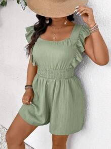 SHEIN Frenchy Mono de mujer de talla grande de unicolor con mangas cortas y cordón en la cintura