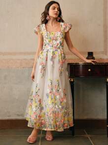 Anewsta 优雅花卉刺绣连衣裙，浪漫长裙，夏季新年装 - 白色 - 查看 7