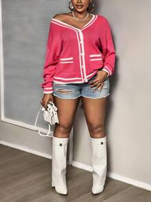 Slaydiva Plus Size Women Colorblock Trim Casual College Style Cardigan, Suitable For Valentine's Day - Multicolor - View 7