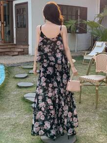 DAZY Bộ 2 áo yếm in hoa và quần ống rộng cho nữ - màu đen - Xem 6