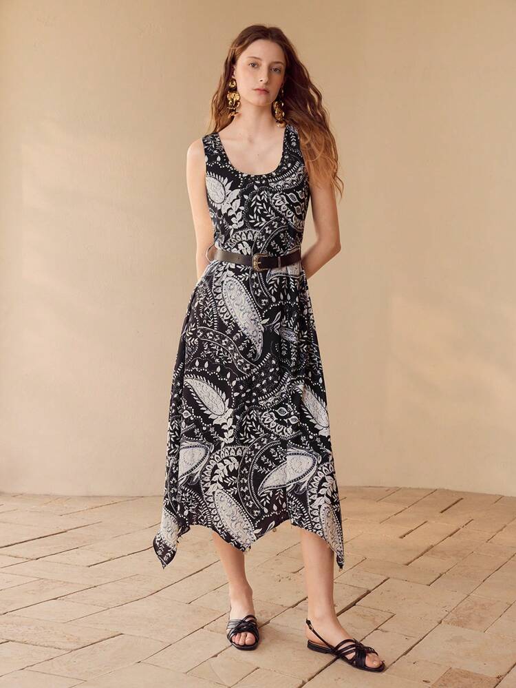 PAISLEY PRINT ASYMMETRICAL HEM DRESS,SPRING/SUMMER
