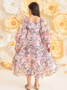 SHEIN Tween Girl Fancy Organza Floral Rhinestone Collar Puff Sleeve Dress, Ramadan - Multicolor - View 2