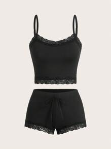 SHEIN EZwear Ensemble Femme Débardeur et Short avec Garniture en Dentelle - Noir - Voir 1