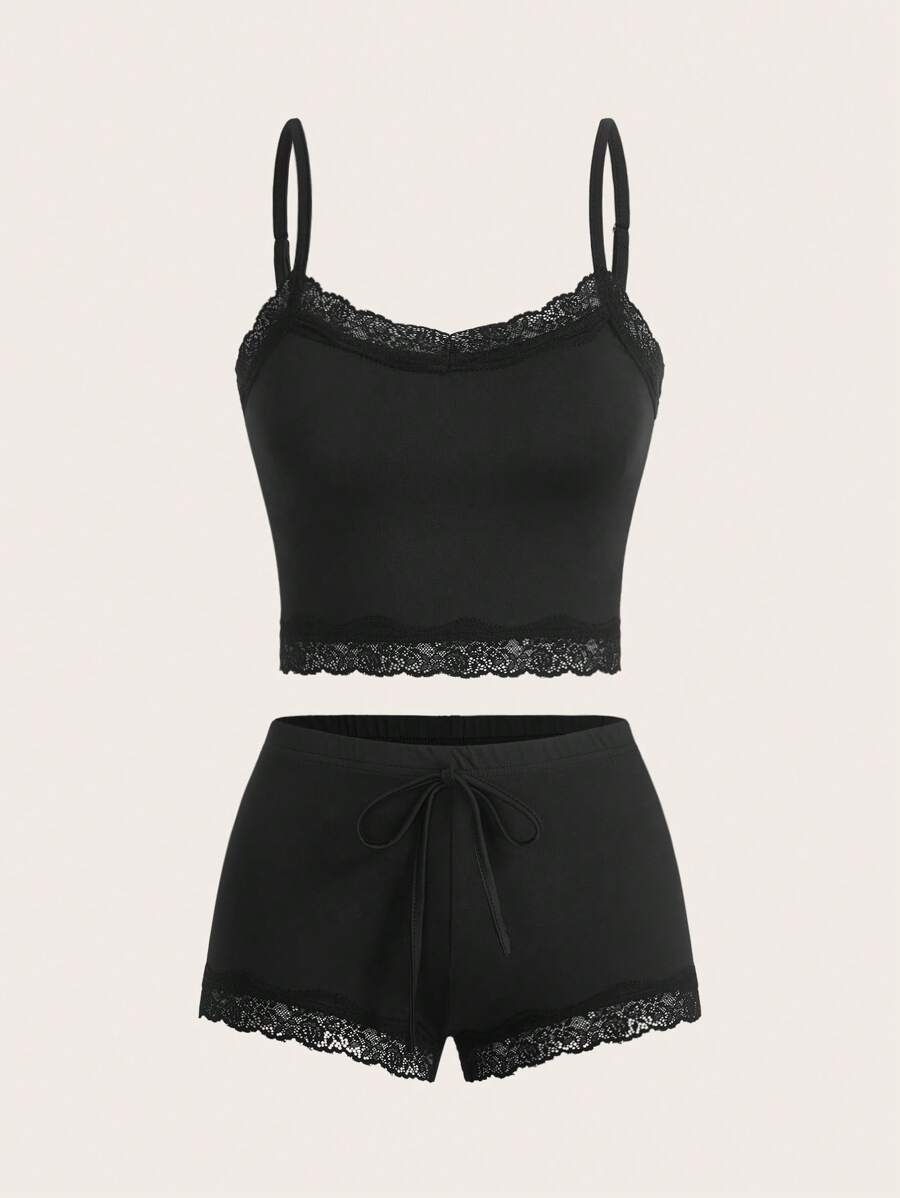 SHEIN EZwear Ensemble Femme Débardeur et Short avec Garniture en Dentelle - Noir - Voir 1