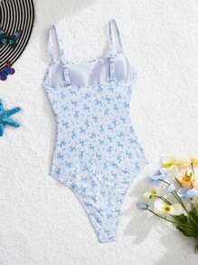 SHEIN MOD 1 件女式蓝色碎花褶皱胸围收腰连体泳衣