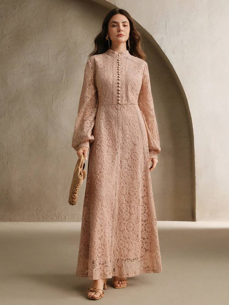 Ladies' Long Sleeve Lace Rose Pink Dress Maxi Women Outfit