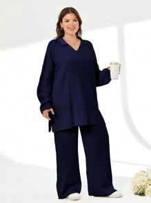EURMUSE 2pcs/Set Solid Color Turn-Down Collar Sweater And Long Pants Outfit - Navy Blue - View 5