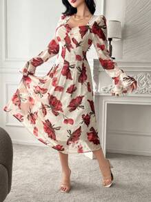 DAZY 女士花卉印花方领泡泡袖中长连衣裙，荷叶边，秋季连衣裙长袖连衣裙