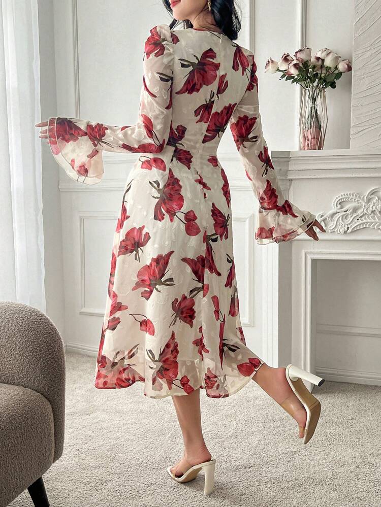 Floral Print Square Collar Puff Sleeve Midi Dress For Women,Ruffle,Fall Dress Long Sleeve Dress Vacation Outfits Women Easter Boho