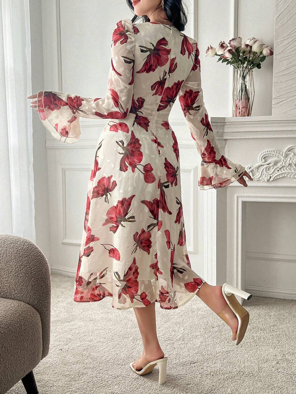 Floral Print Square Collar Puff Sleeve Midi Dress For Women,Ruffle,Fall Dress Long Sleeve Dress Vacation Outfits Women Easter Boho