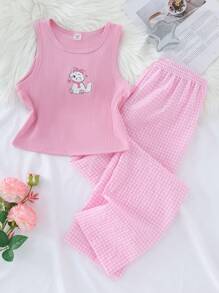2件套女童卡通猫印花罗纹背心和格子裤舒适家居服套装年轻女孩服装套装短袖青少年女童服装青少年女童服装年轻女孩套装年轻女孩两件套 - 粉色 - 查看 4