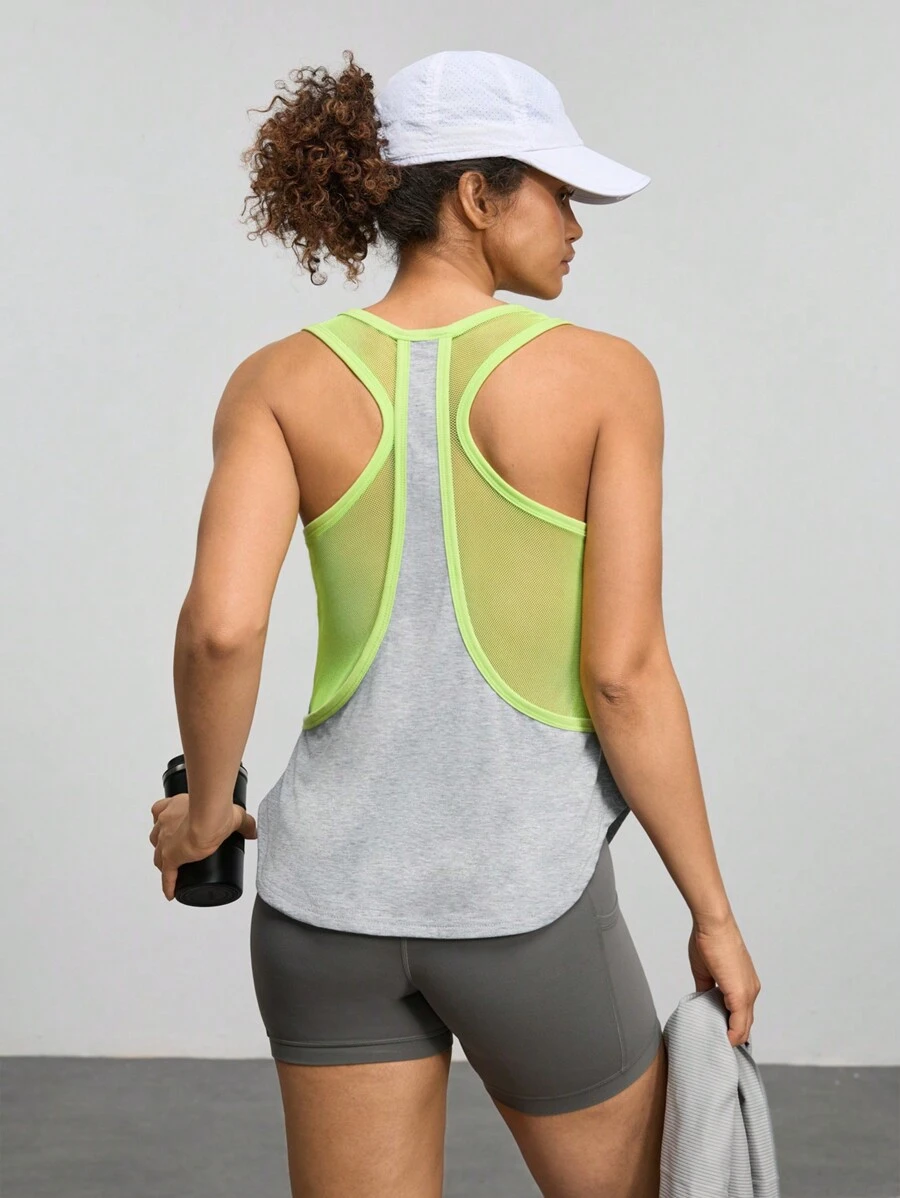 Women's Mesh Stitching Contrast Color Casual Fitness Sports Outdoor Tank Top - Grey - View 1